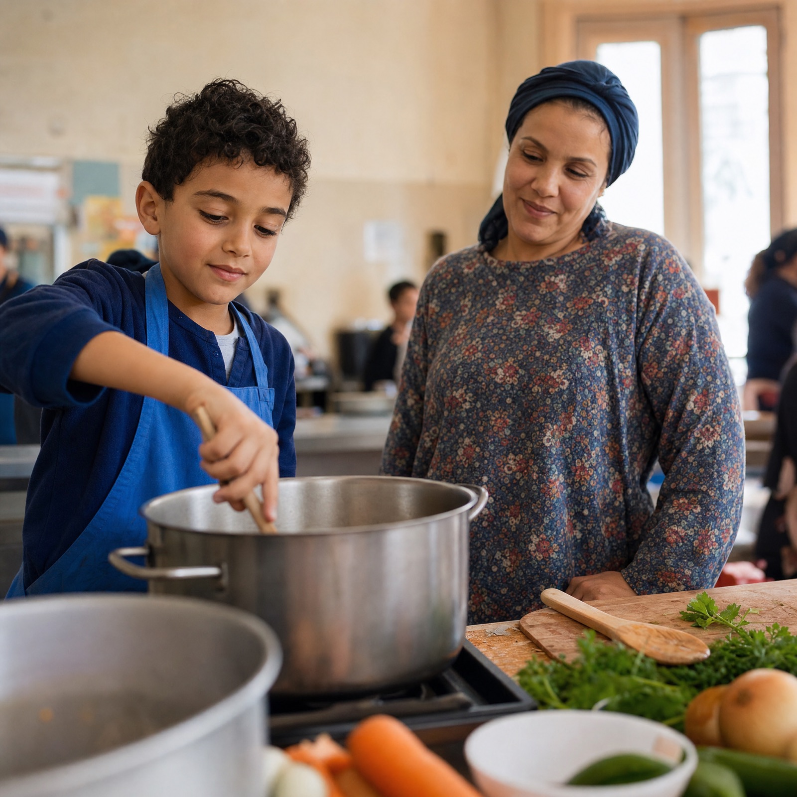 Fillette présentant fièrement son gratin maison à sa famille
